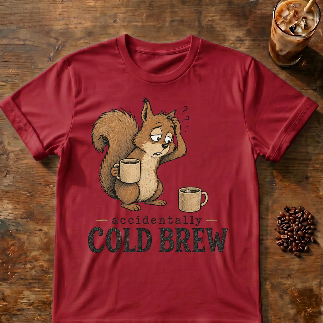 Cold brew squirrel coffee graphic on a Cardinal Red T-shirt