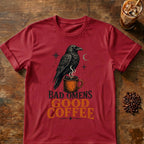 Raven coffee graphic for Bad Omens Good Coffee Raven on cardinal-red T-shirt