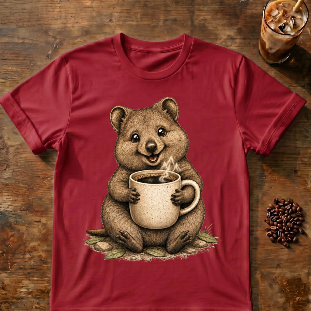 Quokka coffee graphic on a Cardinal Red T-shirt
