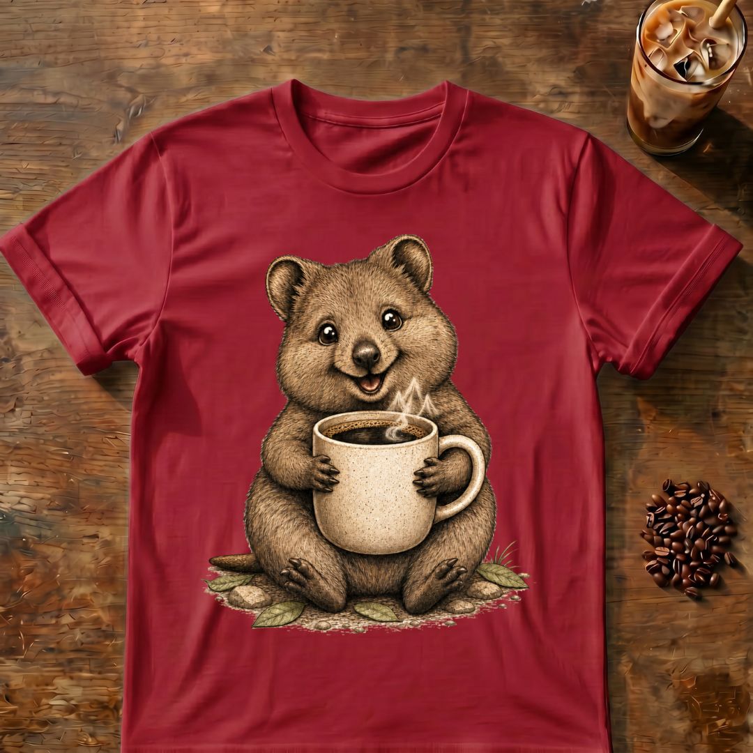 Quokka coffee graphic on a Cardinal Red T-shirt