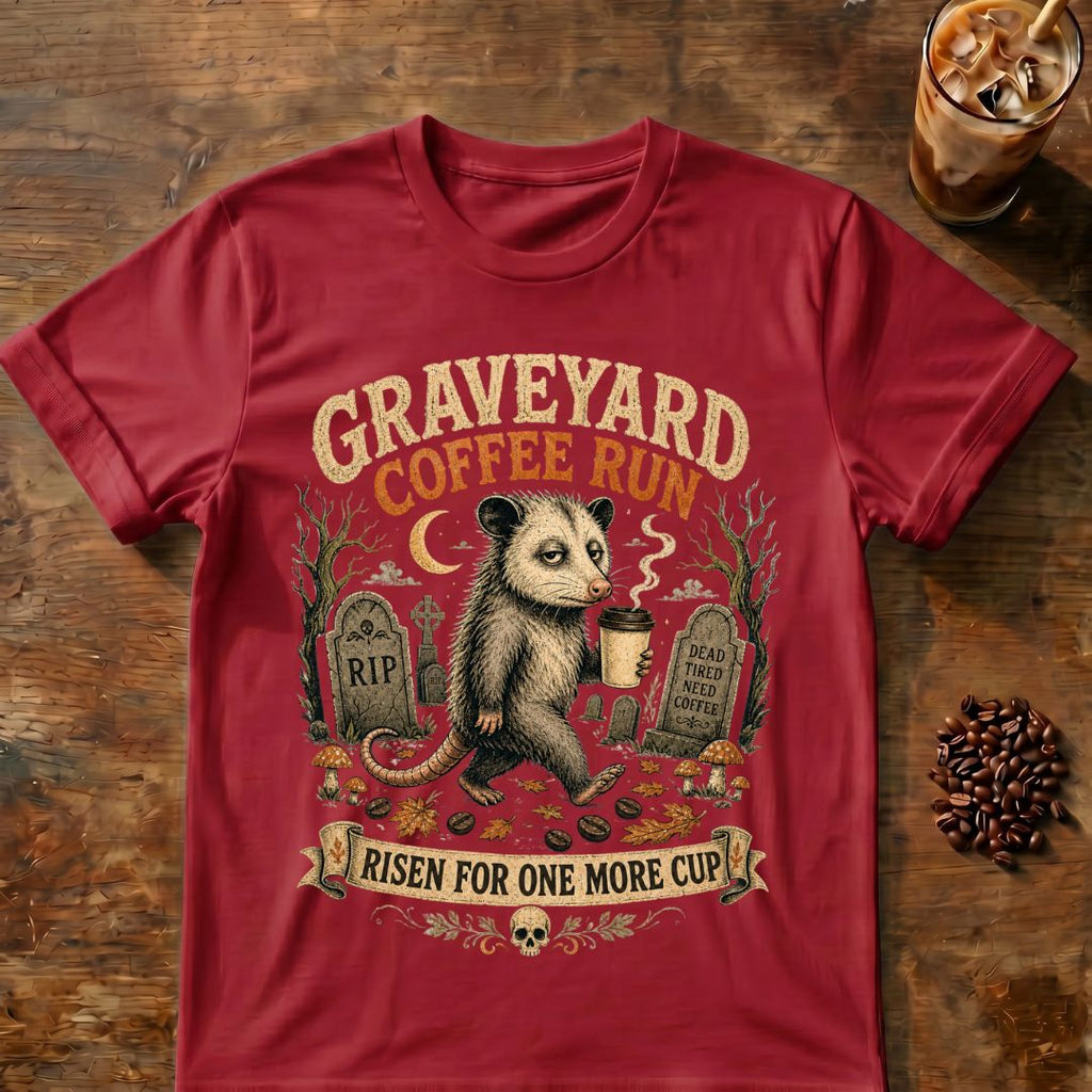Opossum coffee graphic for Graveyard Coffee Run Opossum on cardinal-red T-shirt