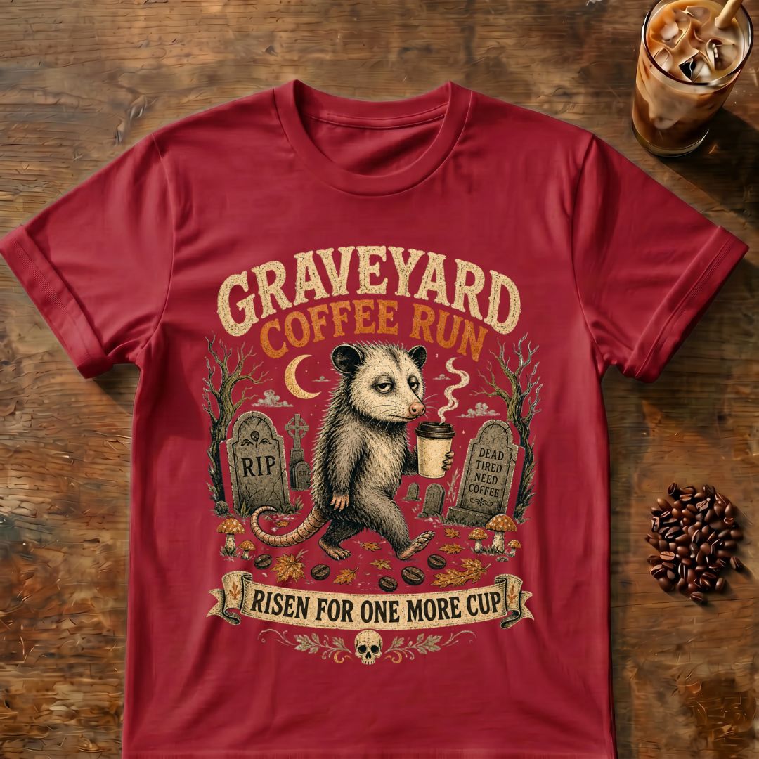 Opossum coffee graphic for Graveyard Coffee Run Opossum on cardinal-red T-shirt