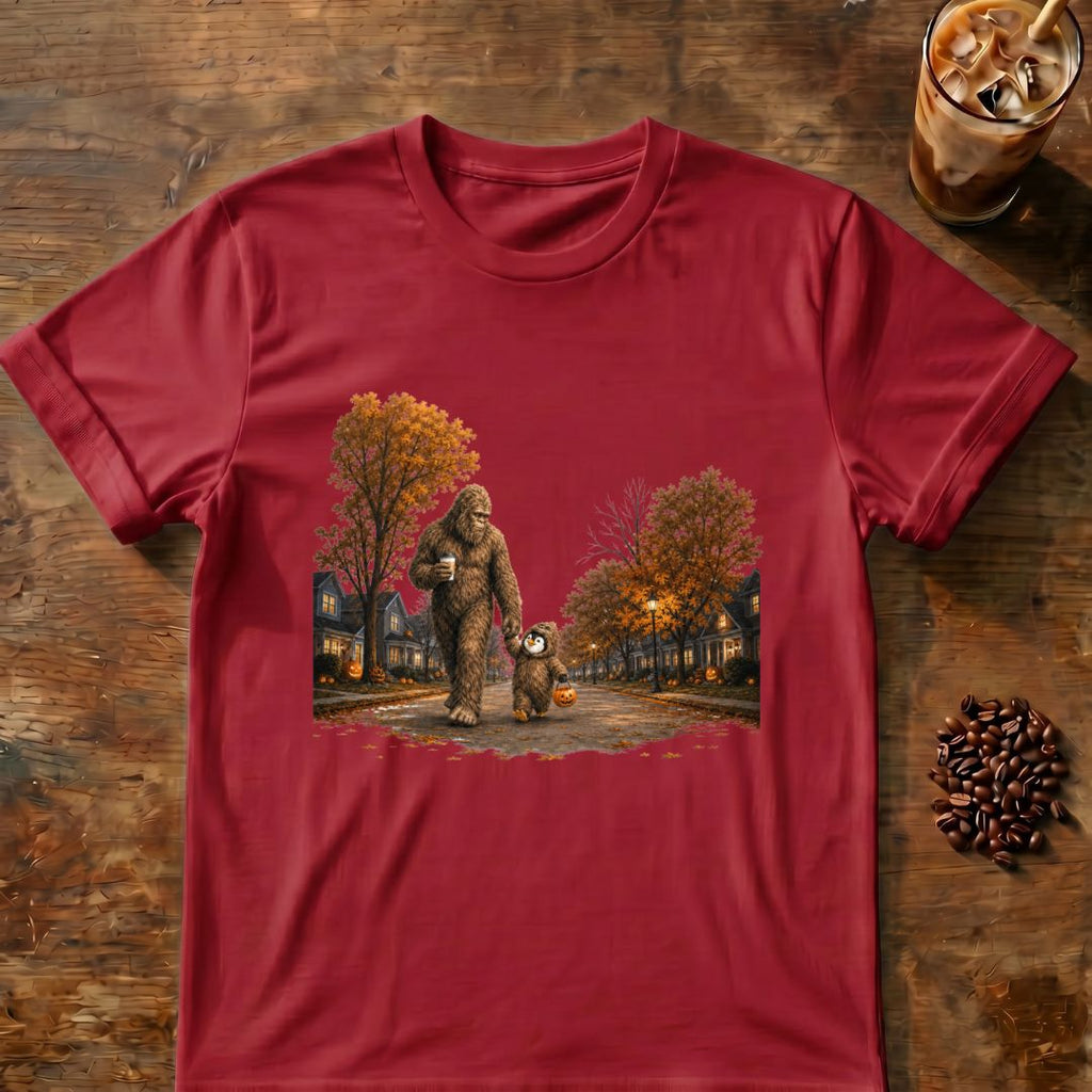 Coffee graphic for Bigfoot Trick-or-Treat Halloween on cardinal-red T-shirt