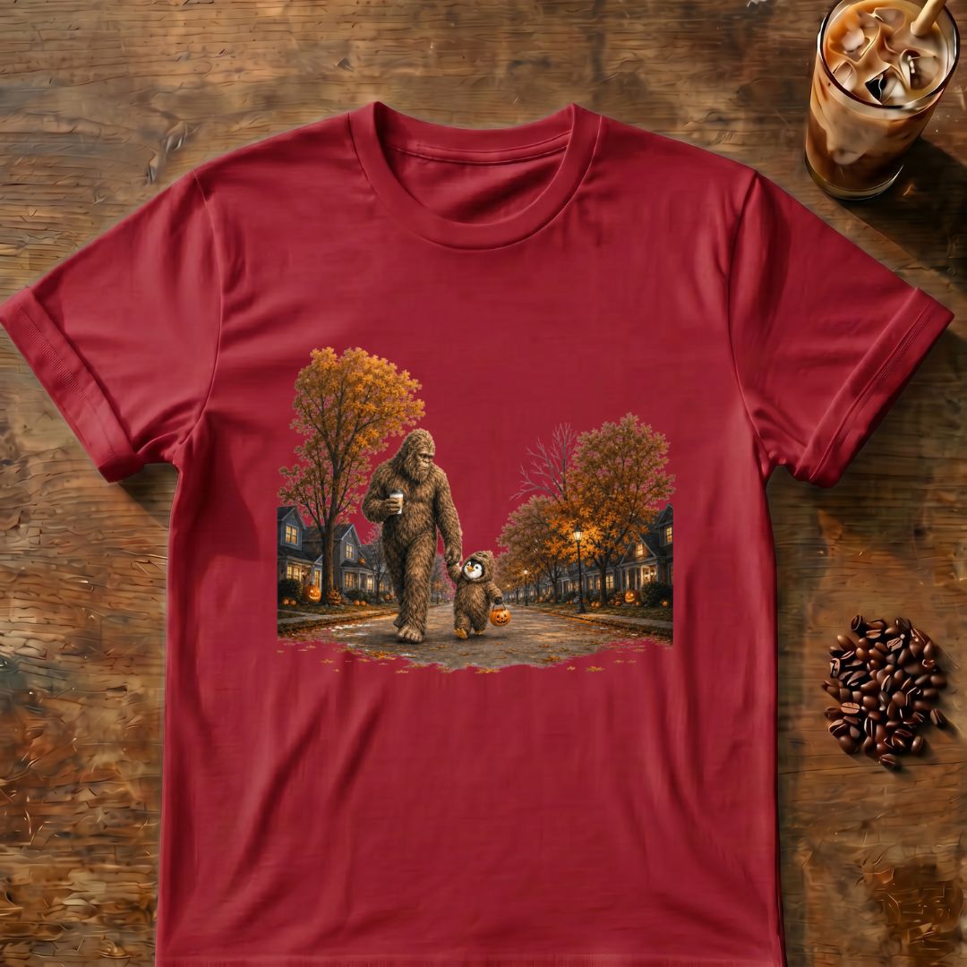 Coffee graphic for Bigfoot Trick-or-Treat Halloween on cardinal-red T-shirt