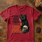 Cat coffee graphic for I Don't Need Therapy Cat on cardinal-red T-shirt