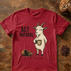 Goat “Act Natural” graphic on a Cardinal Red T-shirt