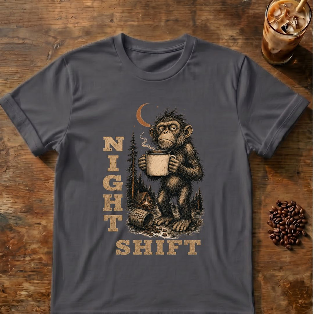 Monkey coffee graphic for Night Shift Monkey on charcoal T-shirt