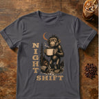 Monkey coffee graphic for Night Shift Monkey on charcoal T-shirt