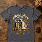Raccoon coffee graphic for Midnight Brew Society Raccoon on charcoal T-shirt