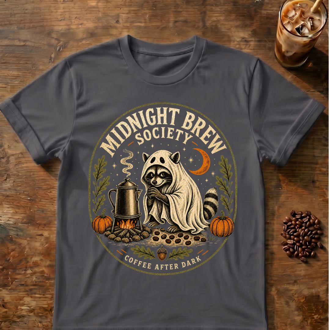 Raccoon coffee graphic for Midnight Brew Society Raccoon on charcoal T-shirt