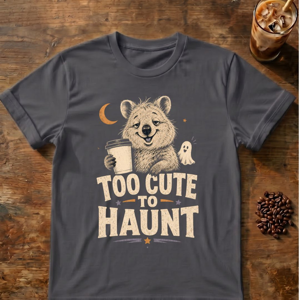 Quokka coffee graphic for Too Cute to Haunt Quokka on charcoal T-shirt