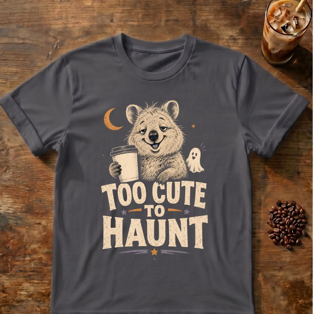 Quokka coffee graphic for Too Cute to Haunt Quokka on charcoal T-shirt