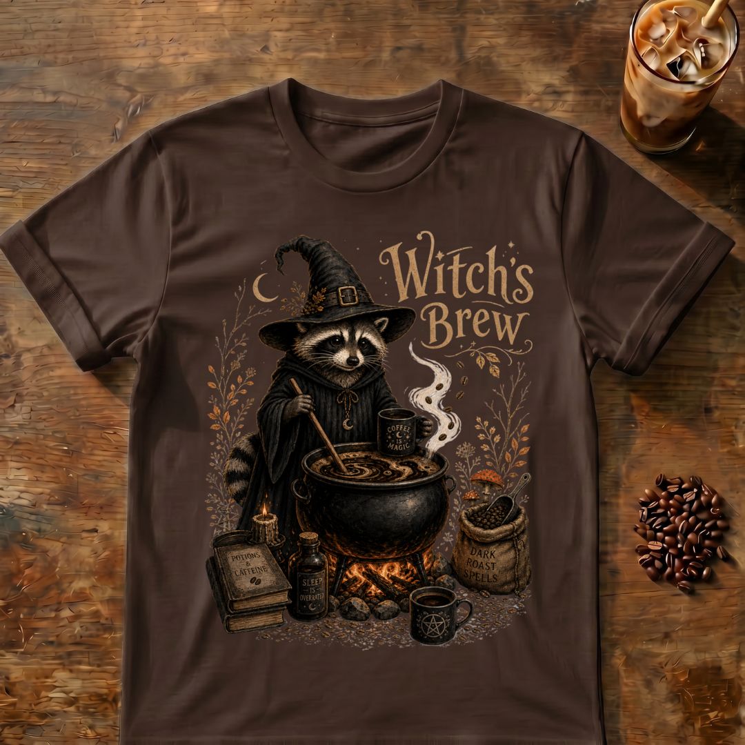 Raccoon coffee graphic for Witch's Brew Raccoon Coffee on dark-chocolate T-shirt