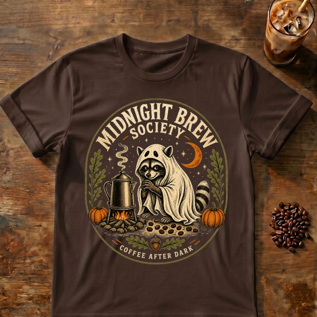 Raccoon coffee graphic for Midnight Brew Society Raccoon on dark-chocolate T-shirt