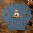 Still Not Fully Charged Platypus Sweatshirt in Denim, a sleepy platypus sipping iced coffee