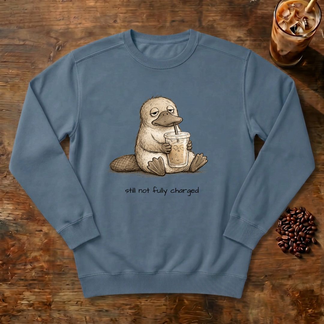 Still Not Fully Charged Platypus Sweatshirt in Denim, a sleepy platypus sipping iced coffee