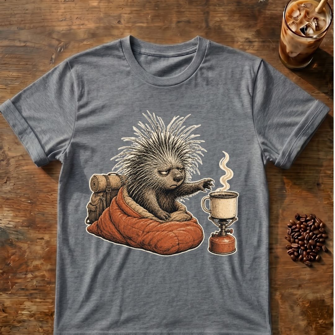Porcupine coffee graphic for Barely Awake on graphite-heather T-shirt