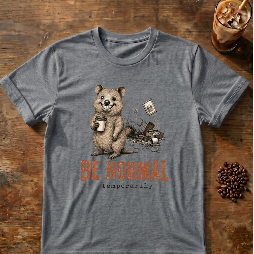 Quokka coffee graphic for Be Normal Quokka on graphite-heather T-shirt