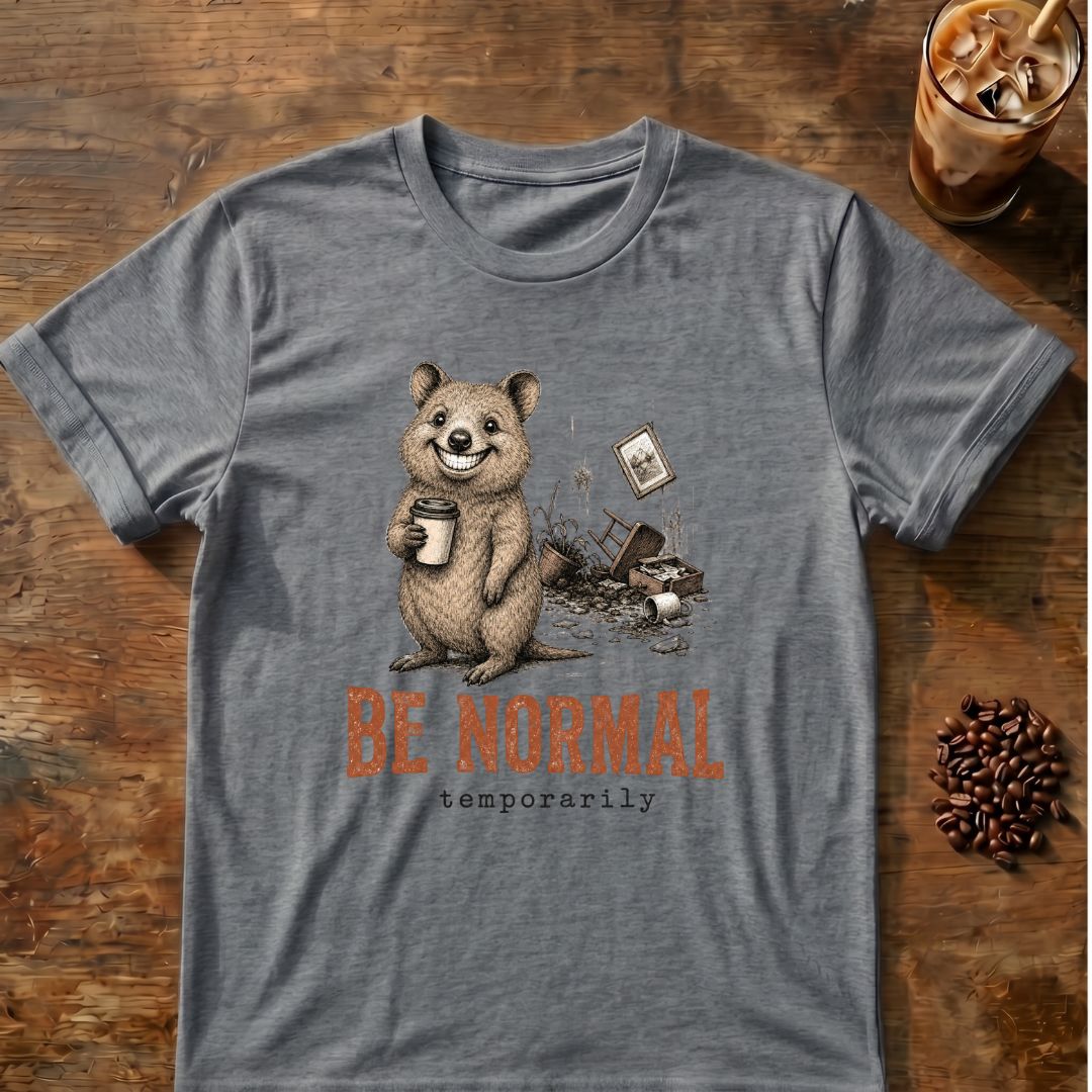 Quokka coffee graphic for Be Normal Quokka on graphite-heather T-shirt