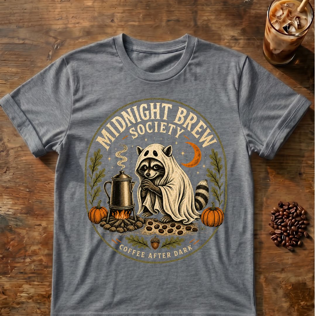 Raccoon coffee graphic for Midnight Brew Society Raccoon on graphite-heather T-shirt