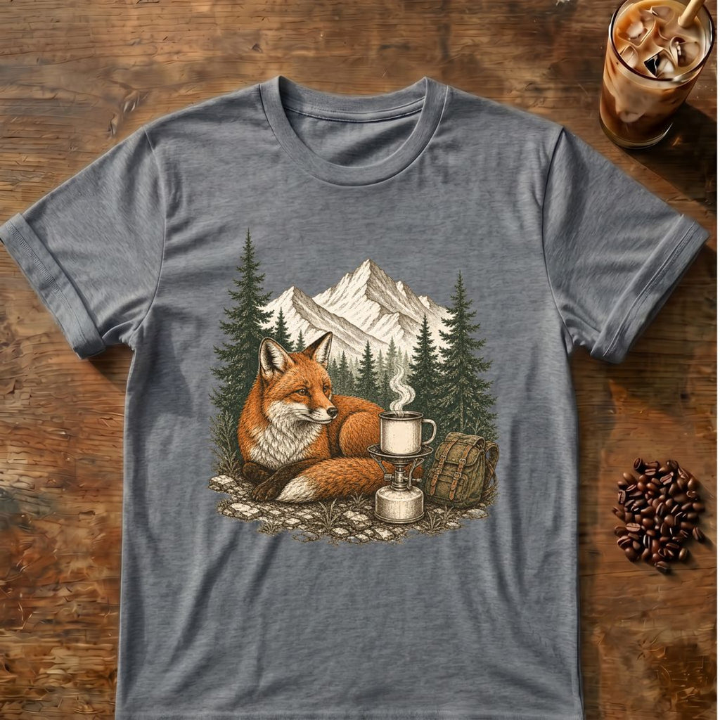 Fox coffee graphic for Mountain Fox Camp Coffee on graphite-heather T-shirt