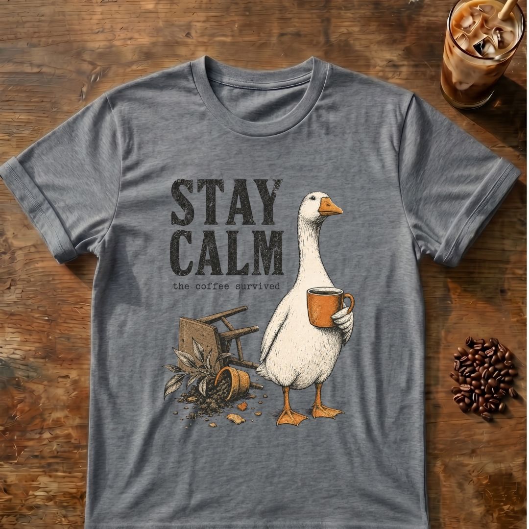 Goose coffee graphic for Stay Calm Goose on graphite-heather T-shirt