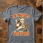 Goat coffee graphic for Trail Starts on graphite-heather T-shirt