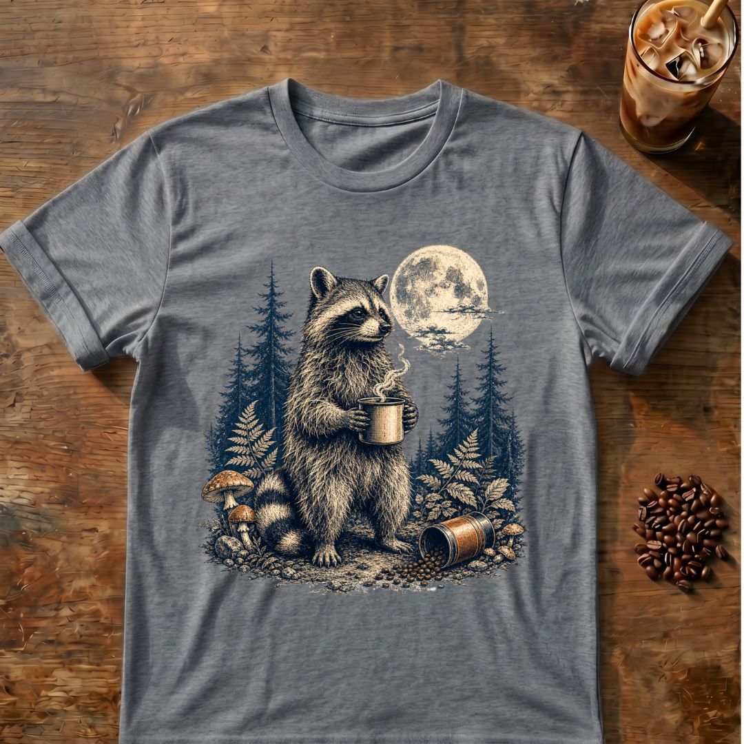 Raccoon holding a steaming coffee mug in a moonlit pine forest with mushrooms and spilled coffee beans