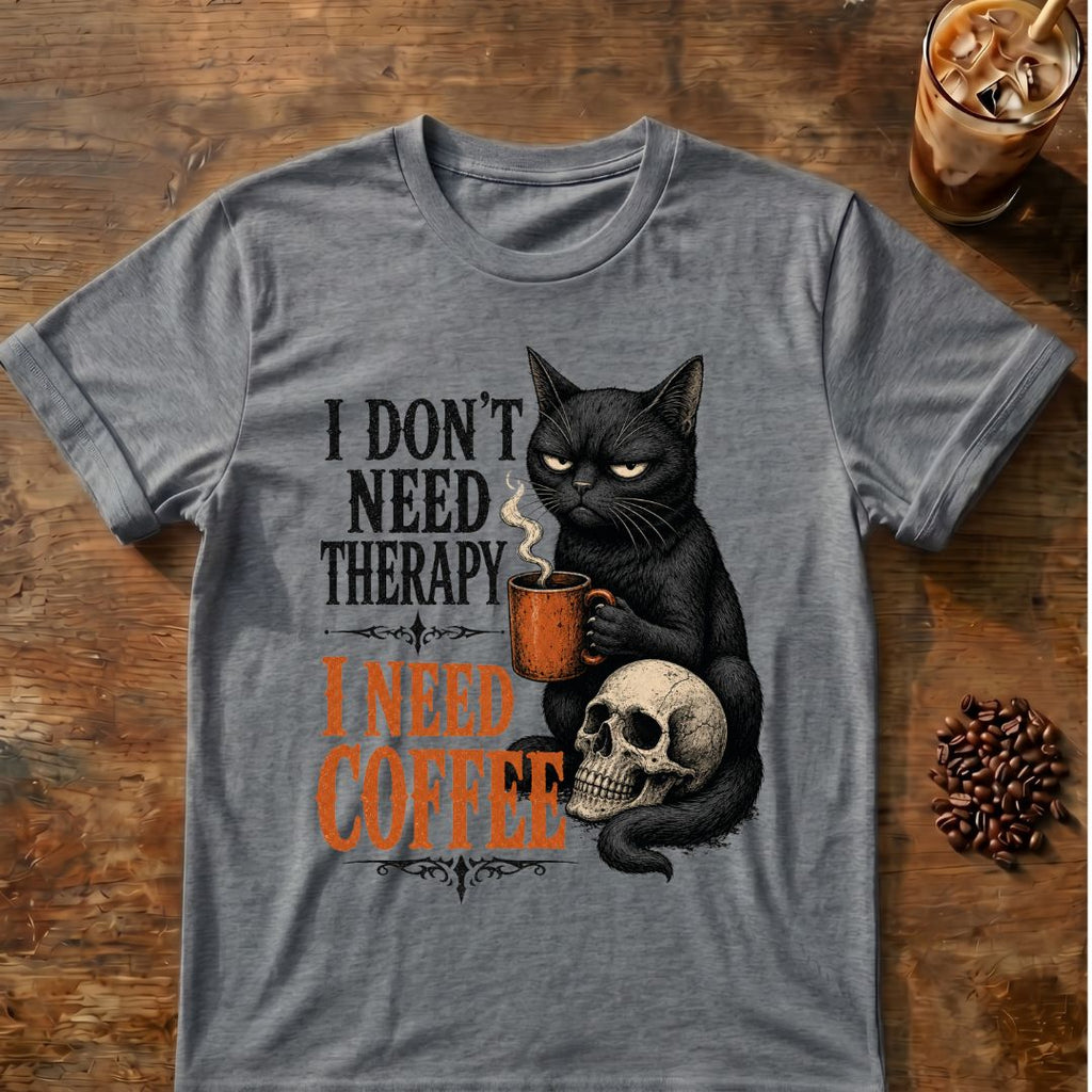 Cat coffee graphic for I Don't Need Therapy Cat on graphite-heather T-shirt