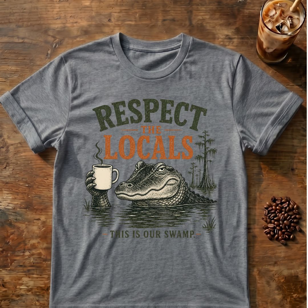 Coffee graphic for Respect the Locals Alligator on graphite-heather T-shirt