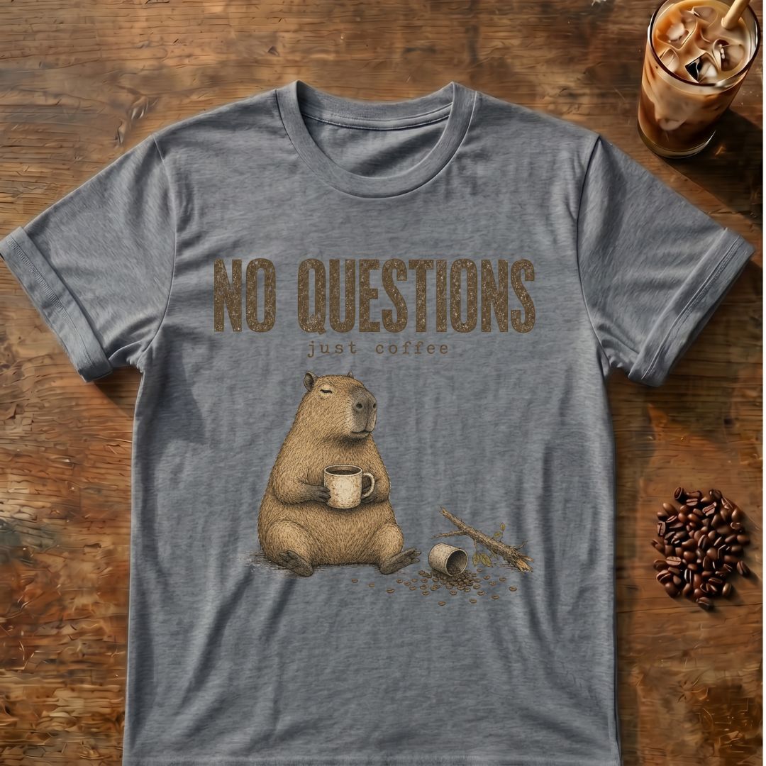 Capybara coffee graphic for No Questions Capybara on graphite-heather T-shirt