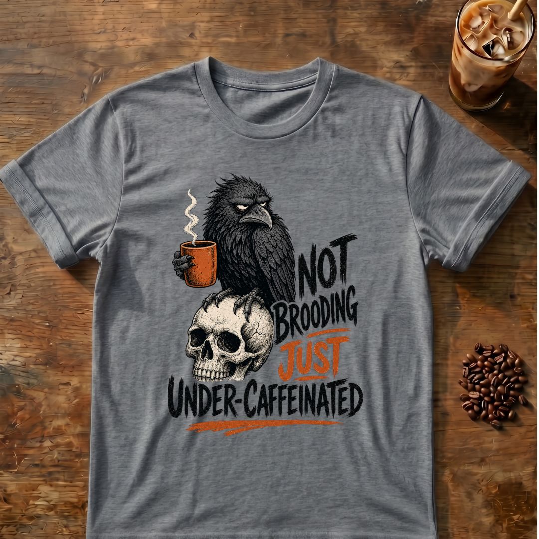Raven coffee graphic for Not Brooding Raven on graphite-heather T-shirt