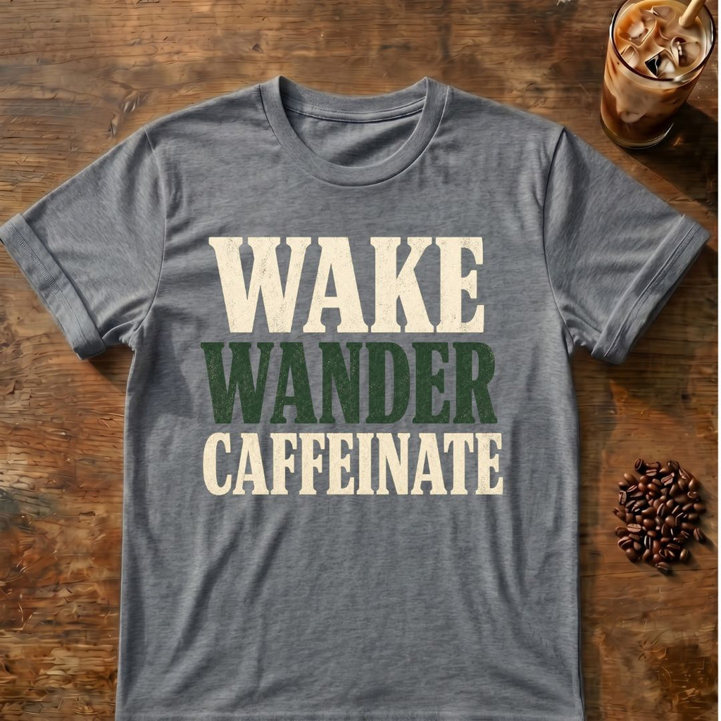 Distressed cream and dark green typography reading “Wake Wander Caffeinate”