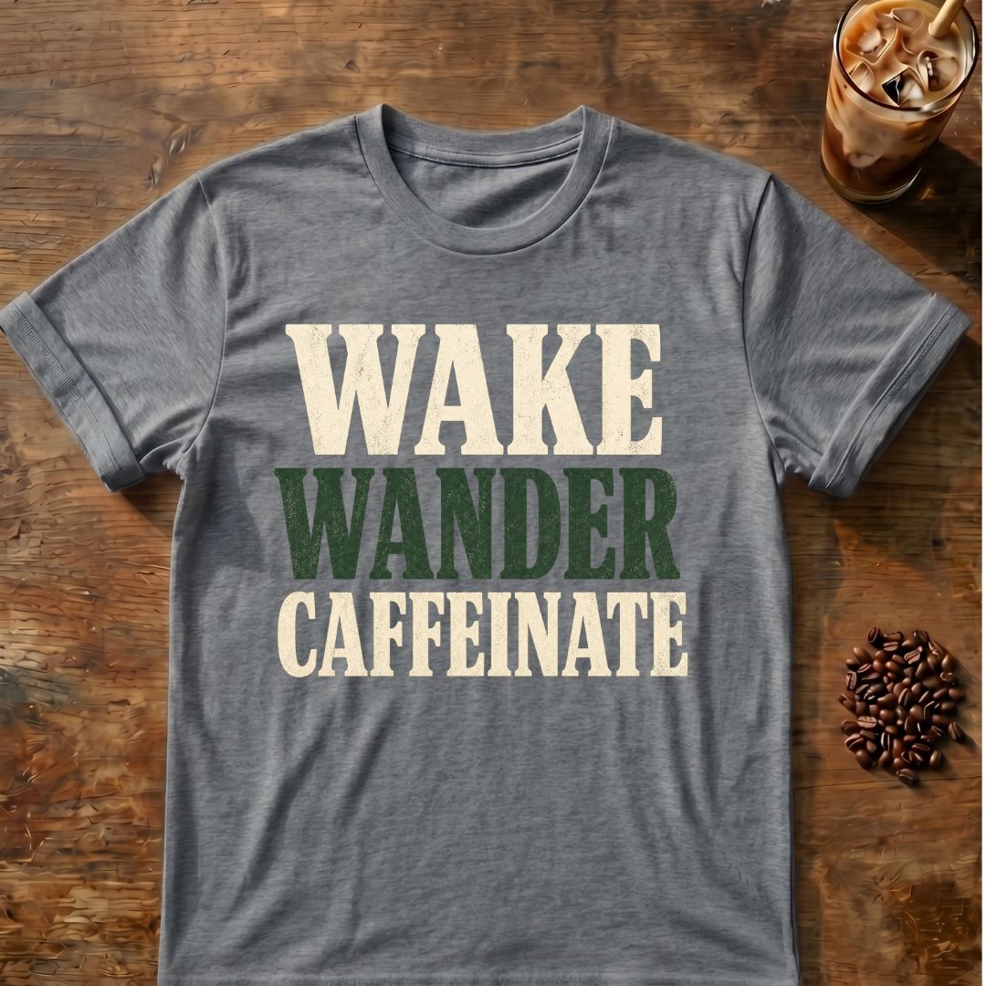 Distressed cream and dark green typography reading “Wake Wander Caffeinate”