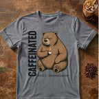 Caffeinated bear coffee graphic on a Graphite Heather T-shirt