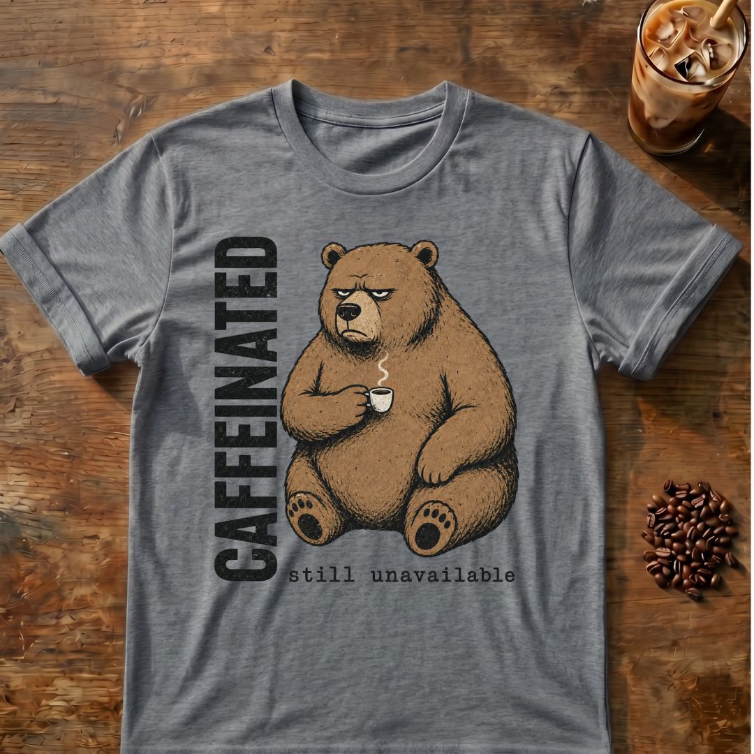 Caffeinated bear coffee graphic on a Graphite Heather T-shirt