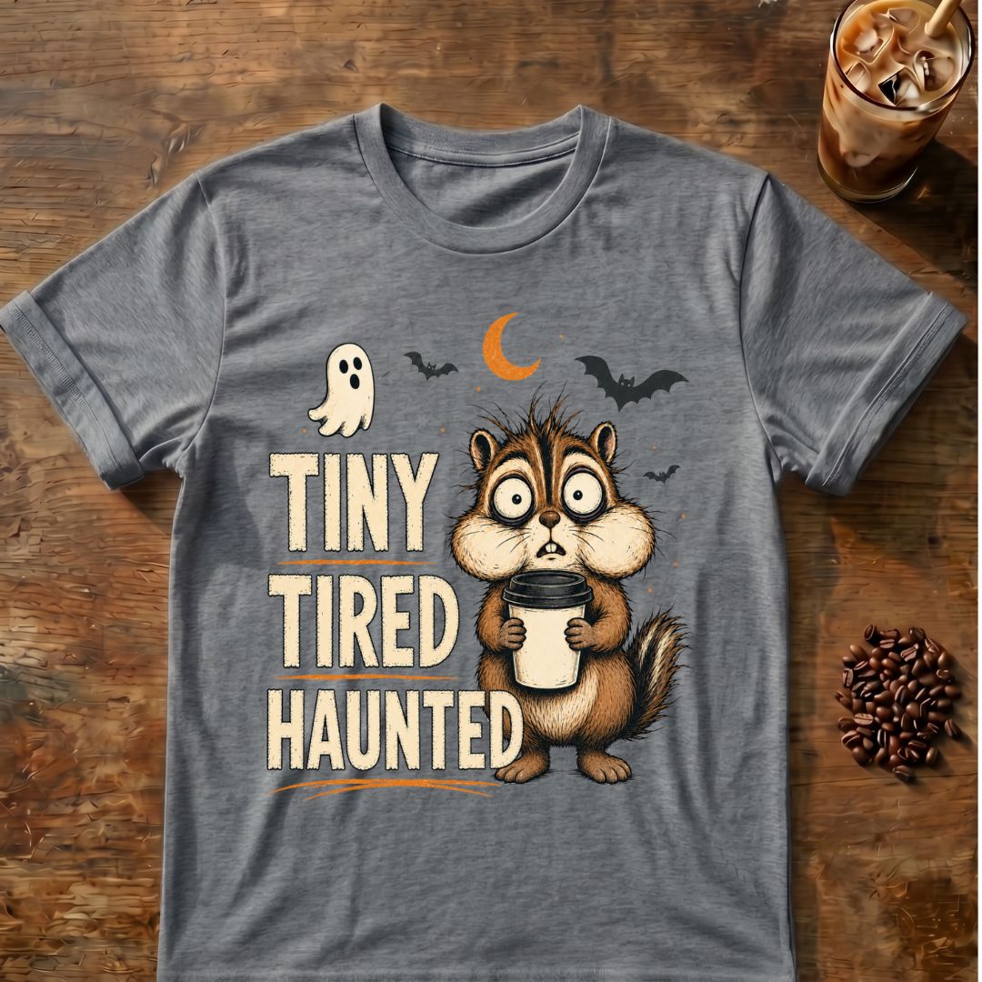 Chipmunk coffee graphic for Tiny Tired Haunted Chipmunk on graphite-heather T-shirt