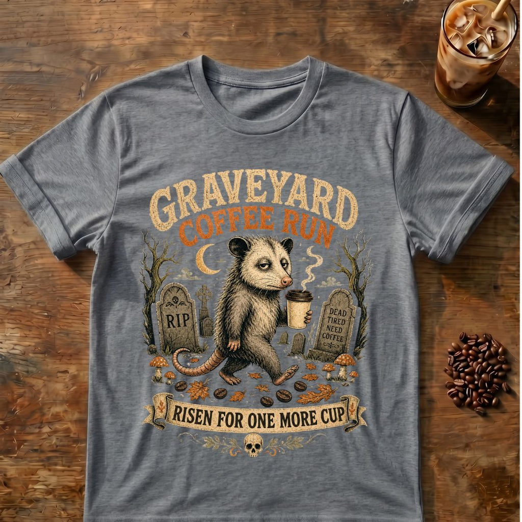 Opossum coffee graphic for Graveyard Coffee Run Opossum on graphite-heather T-shirt