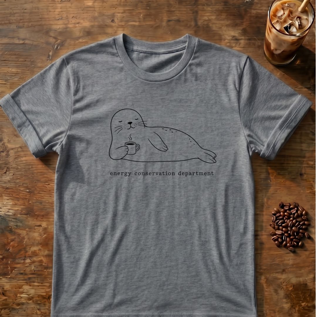 Relaxed seal holding coffee with “energy conservation department” text graphic tee 