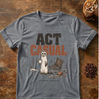 Weasel coffee graphic for Act Casual Weasel on graphite-heather T-shirt