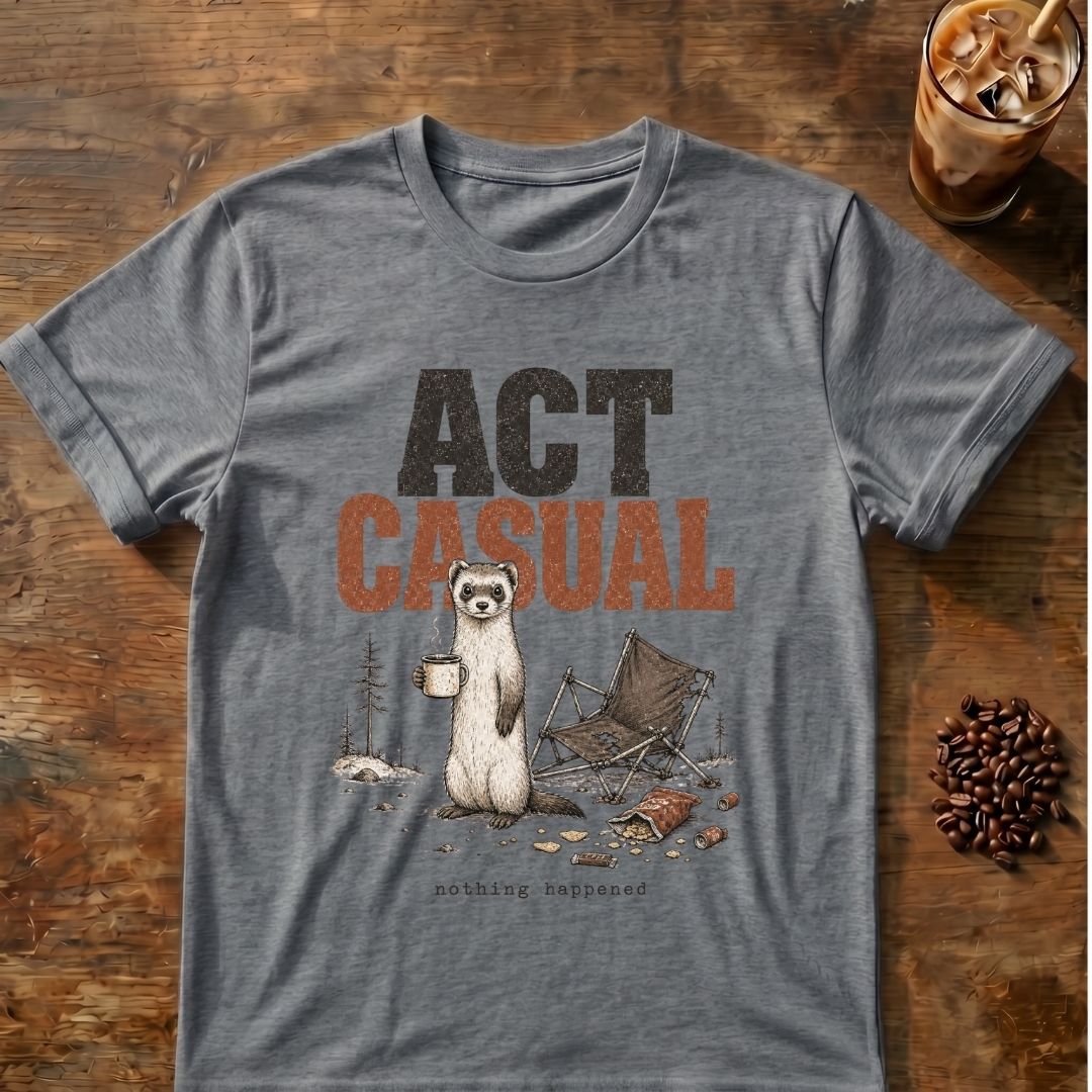 Weasel coffee graphic for Act Casual Weasel on graphite-heather T-shirt