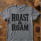 Cat coffee graphic for Roast and Roam on graphite-heather T-shirt