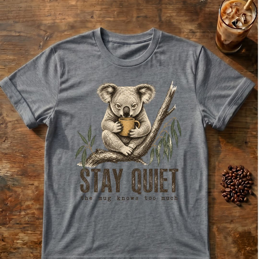 Koala coffee graphic for Stay Quiet Koala on graphite-heather T-shirt