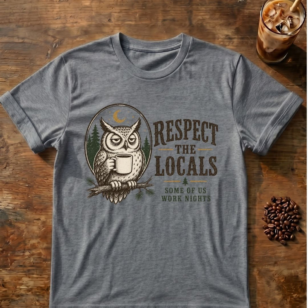 Owl coffee graphic for Respect the Locals Owl on graphite-heather T-shirt