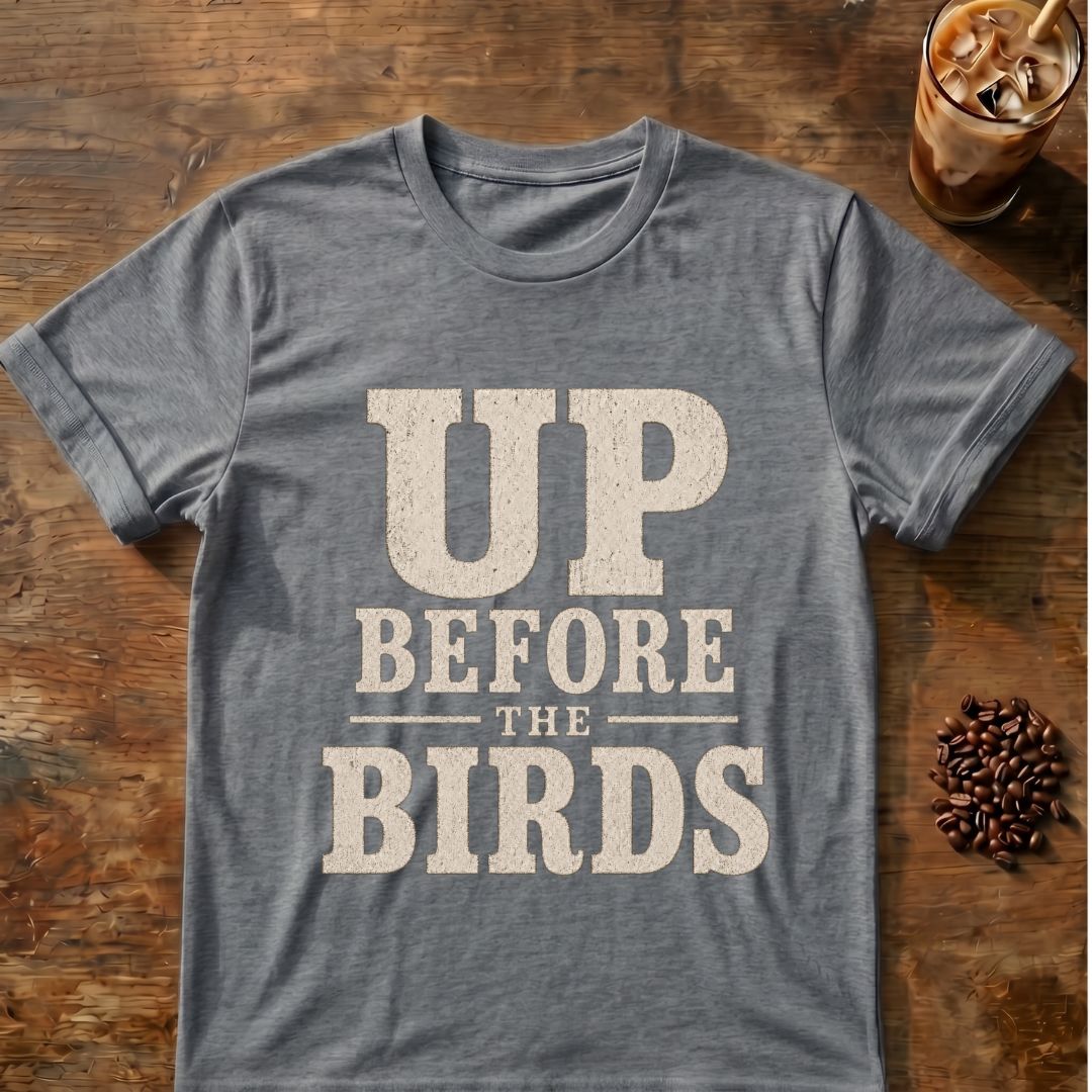 Coffee graphic for Up Before the Birds on graphite-heather T-shirt