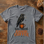 Raven coffee graphic for Bad Omens Good Coffee Raven on graphite-heather T-shirt