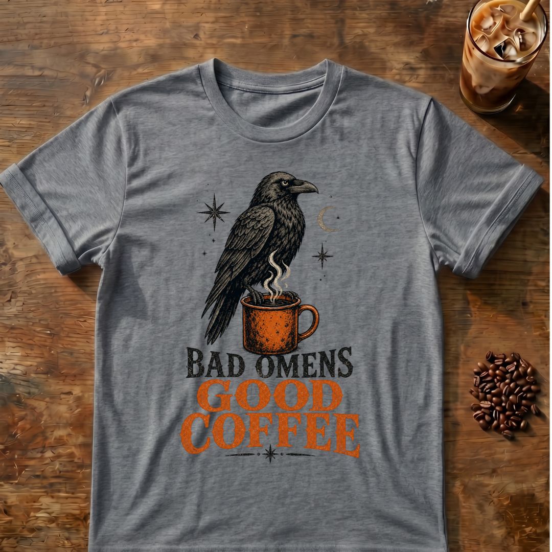 Raven coffee graphic for Bad Omens Good Coffee Raven on graphite-heather T-shirt