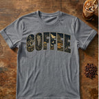 Raccoon coffee graphic for Woodland Coffee Typography on graphite-heather T-shirt