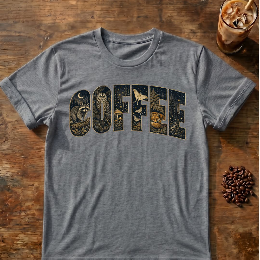 Raccoon coffee graphic for Woodland Coffee Typography on graphite-heather T-shirt
