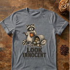 Raccoon coffee graphic for Look Innocent Raccoon on graphite-heather T-shirt
